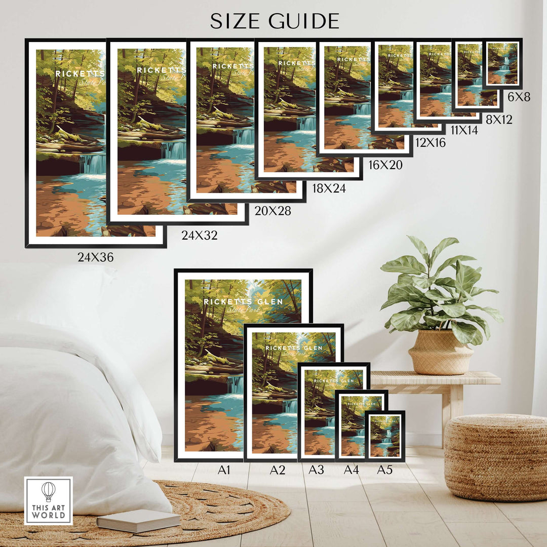 Size guide for Ricketts Glen State Park waterfall landscape prints showing various frame sizes.