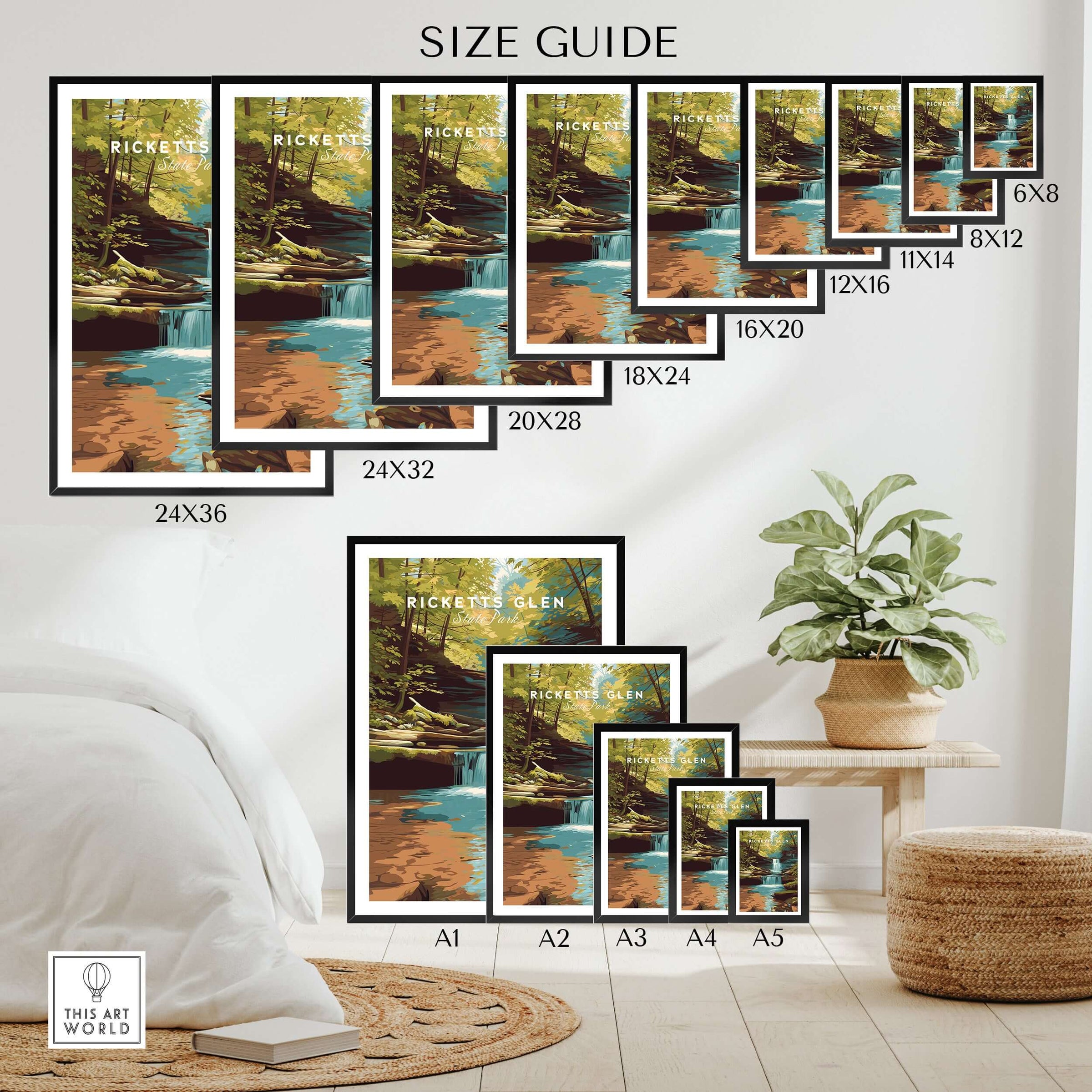 Ricketts Glen State Park Pennsylvania Waterfall Landscape Print - Scenic State Park Wall Art Size Guide for Various Print Sizes