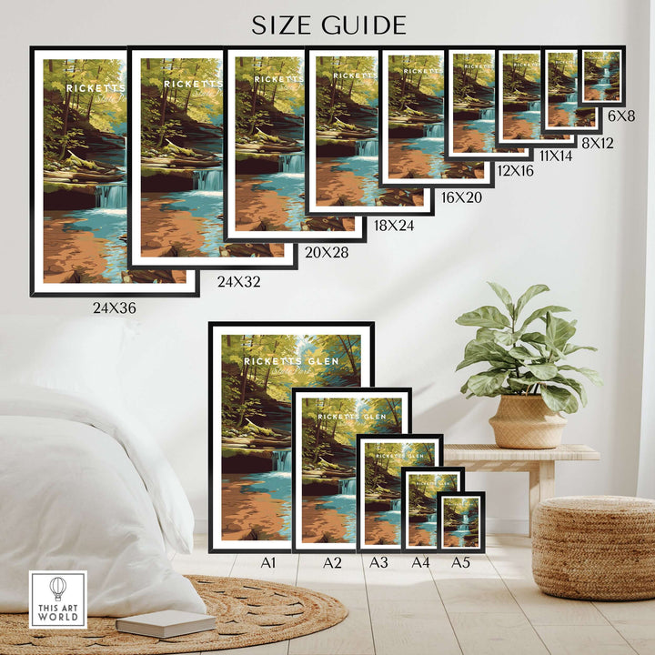 Size guide for Ricketts Glen State Park waterfall landscape prints showing various frame sizes.