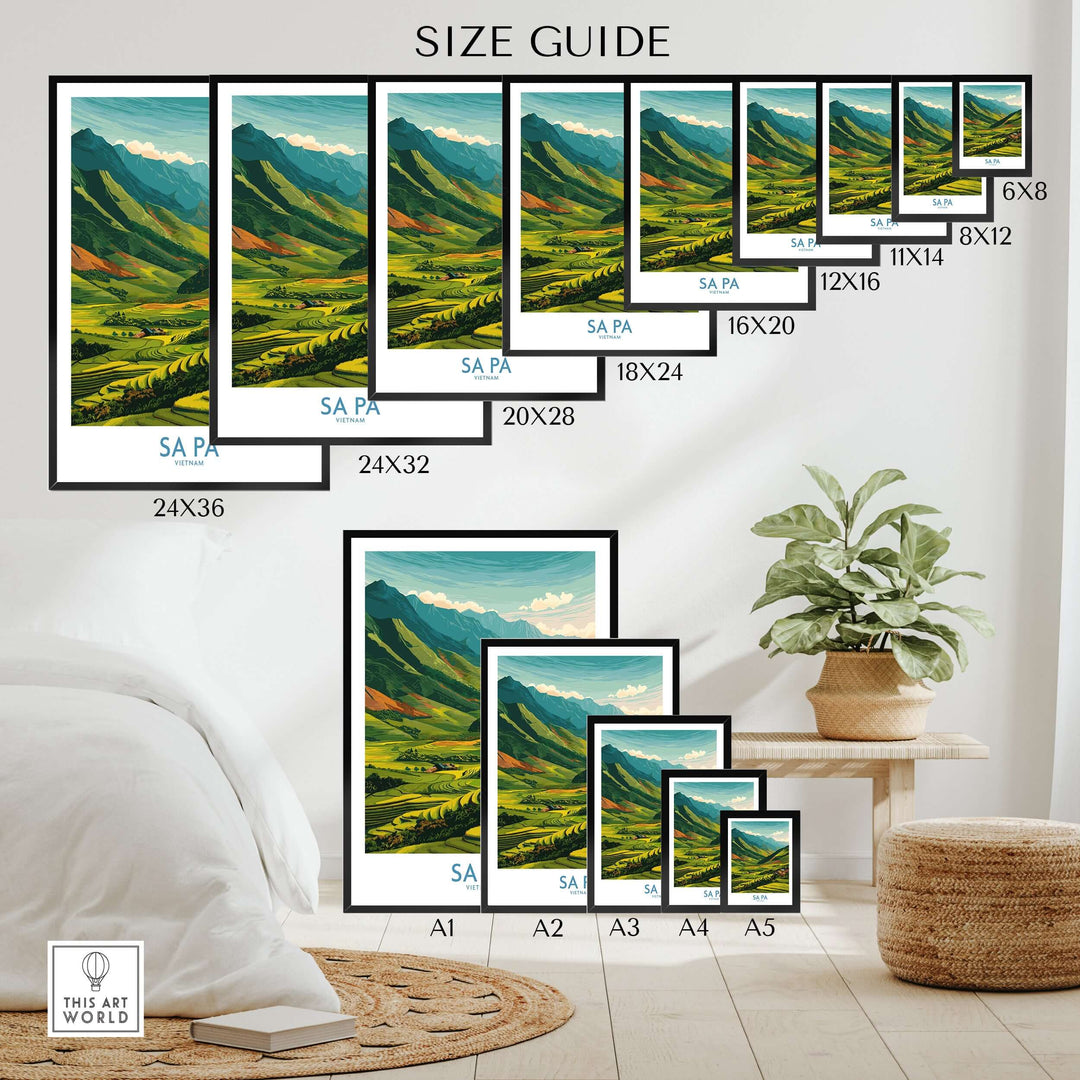 Size guide for Sa Pa Vietnam Rice Terrace print showing various dimensions and framed options in a living room setting.