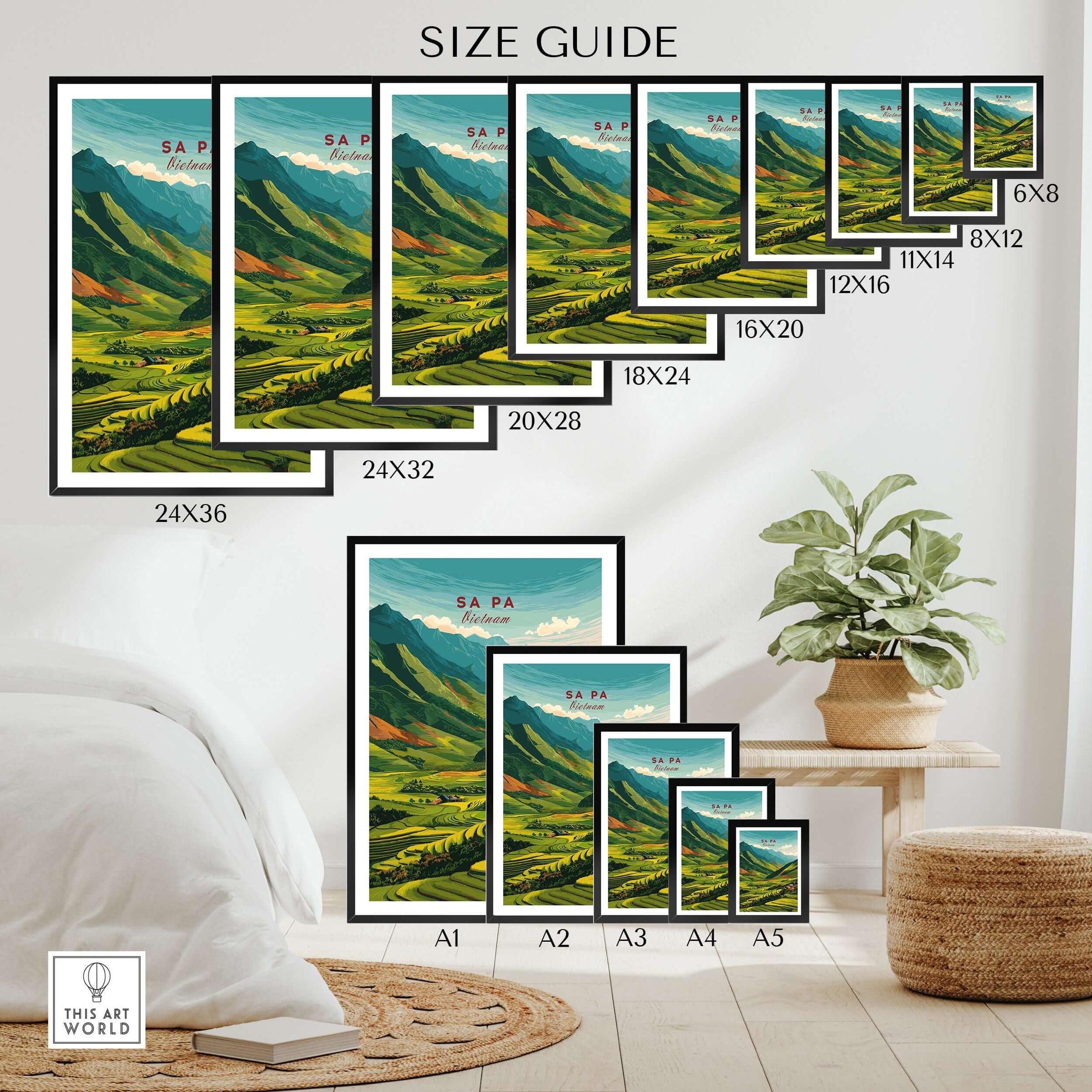 Sa Pa Vietnam Poster - Rice Terraces Landscape Print - Vibrant Green Mountains Wall Art size guide with various frame dimensions.