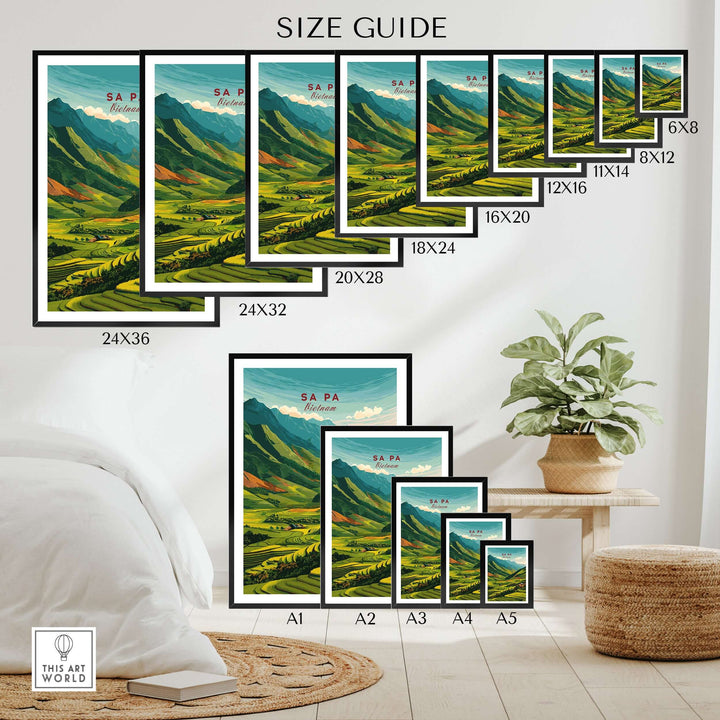 Size guide for Sa Pa Vietnam poster showcasing vibrant rice terraces and green mountains in various frame sizes.