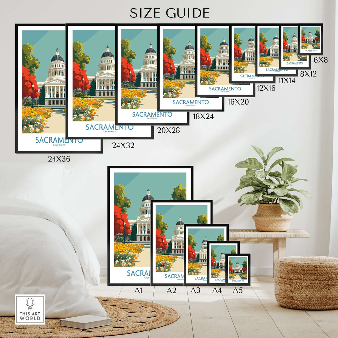 Size guide for Sacramento California Capitol poster showcasing various print dimensions and historic cityscape design.