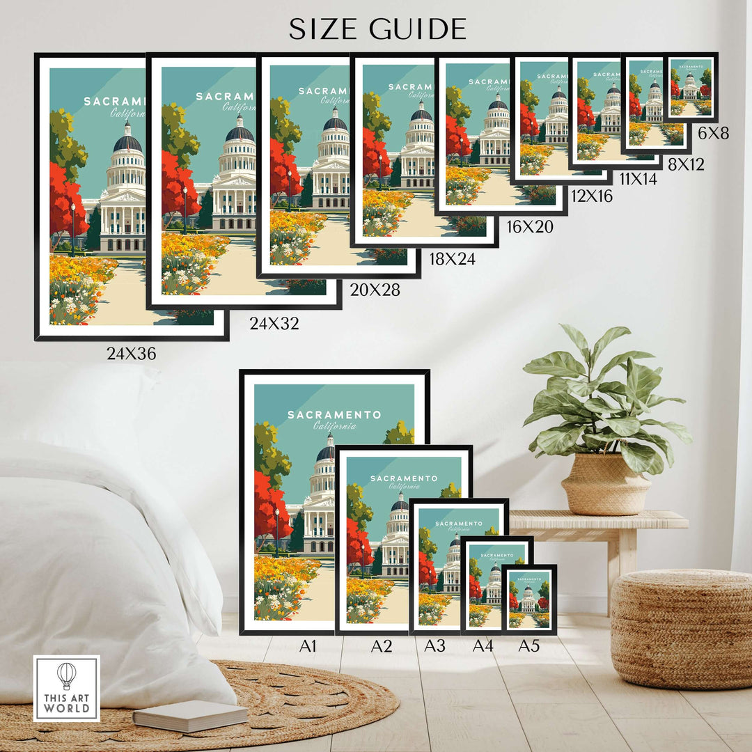 Size guide for Sacramento California State Capitol Building print wall art, showcasing various frame sizes.