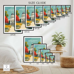 Sacramento California State Capitol Building Print - California Landmark Wall Art size guide showcasing various frame sizes.