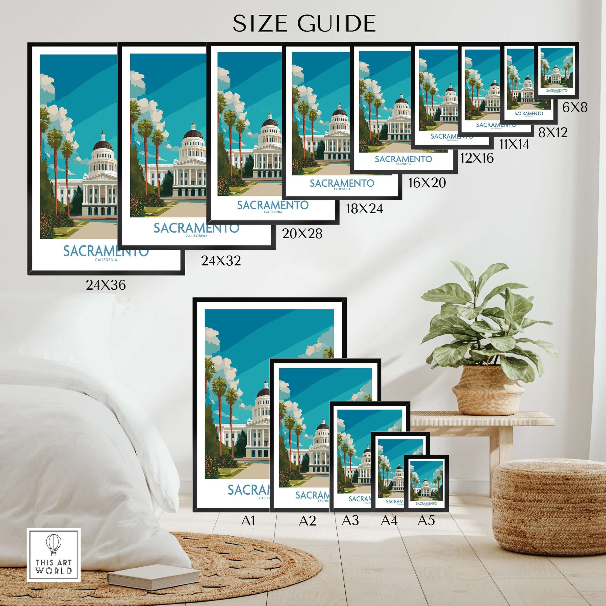 Sacramento Poster - California State Capitol Wall Art size guide with various frame sizes and beautiful Capitol building design.