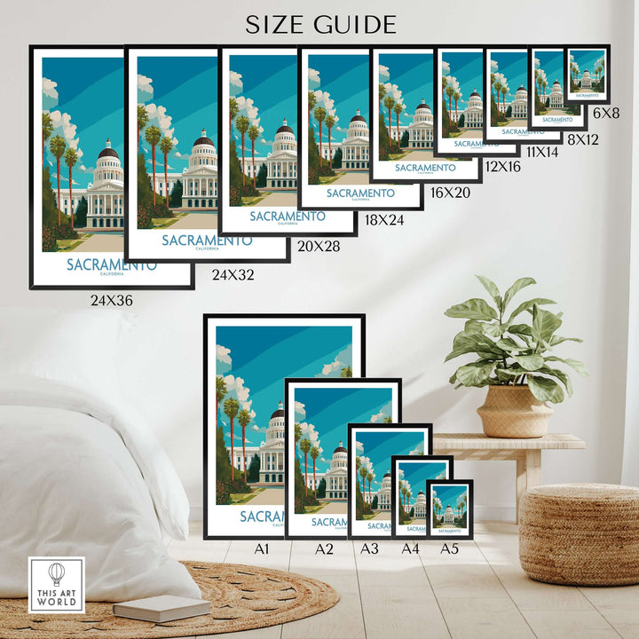 Sacramento poster size guide featuring California State Capitol wall art in various frame sizes.