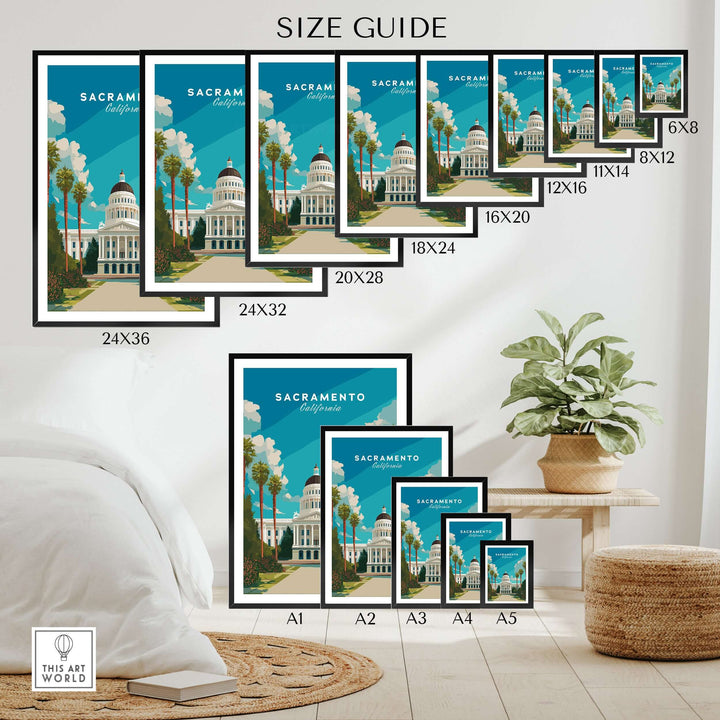 Display of Sacramento Capitol Building poster in various sizes, showcasing California travel art for home decor.