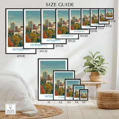 Sacramento California Poster - California Capital Print size guide showcasing various frame sizes and the vibrant city skyline.