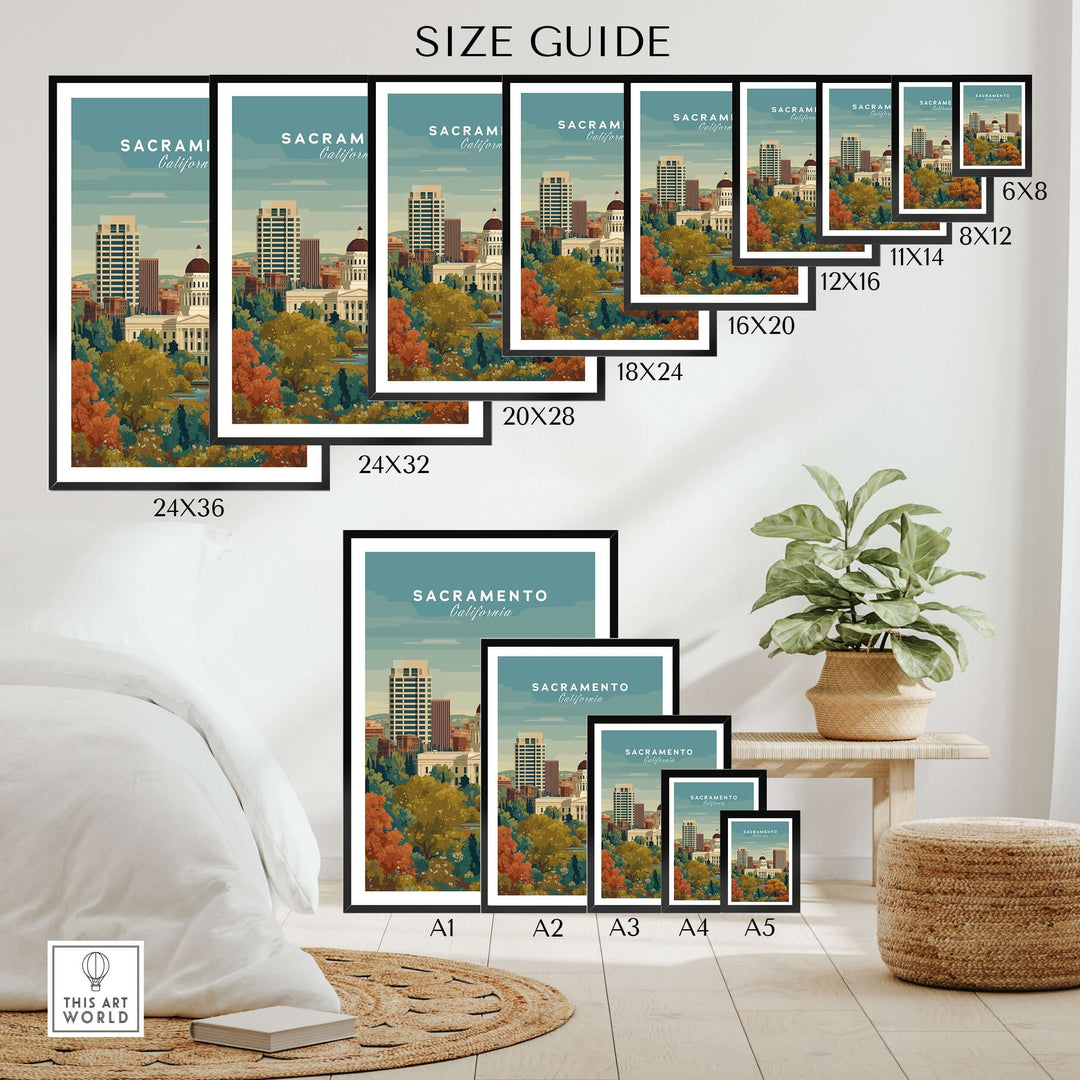 Size guide for Sacramento California skyline and Capitol print in various frame sizes.