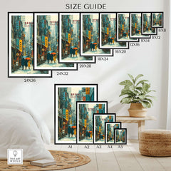 Seoul Print South Korea Busy Street - Urban Cityscape Wall Art size guide with various dimensions and framed options.