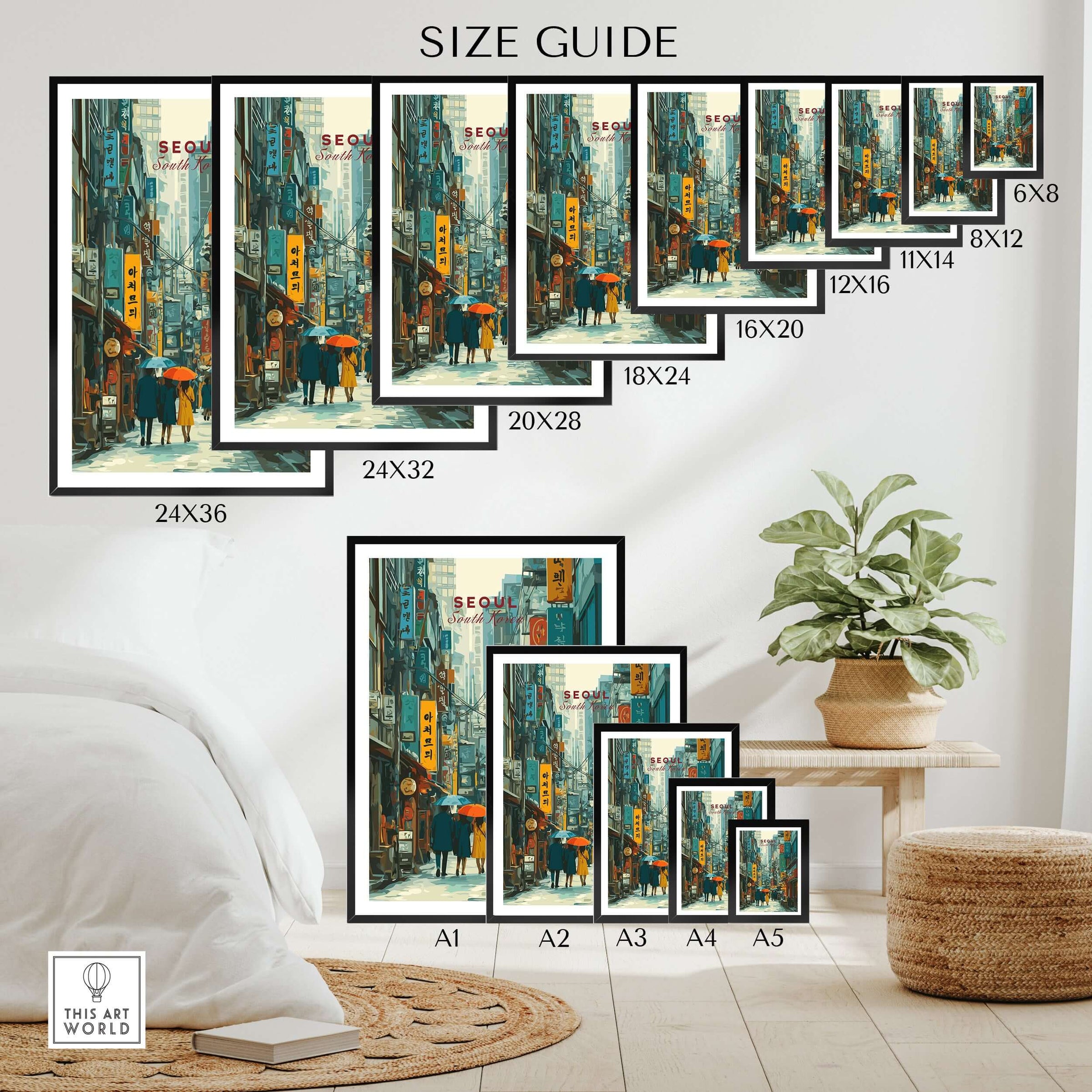 Seoul Print South Korea Busy Street - Urban Cityscape Wall Art size guide with various dimensions and framed options.