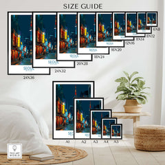 Seoul South Korea Wall Art - Korean Cityscape Print size guide showcasing various dimensions for prints.