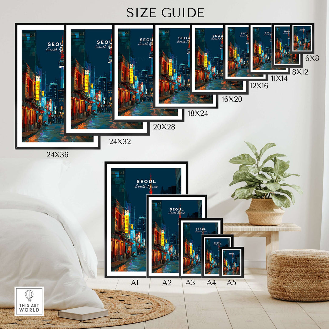 Size guide for Seoul South Korea poster featuring N Seoul Tower print in various frame sizes.
