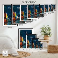 Seoul South Korea Poster N Seoul Tower Print size guide displayed with various framed dimensions.