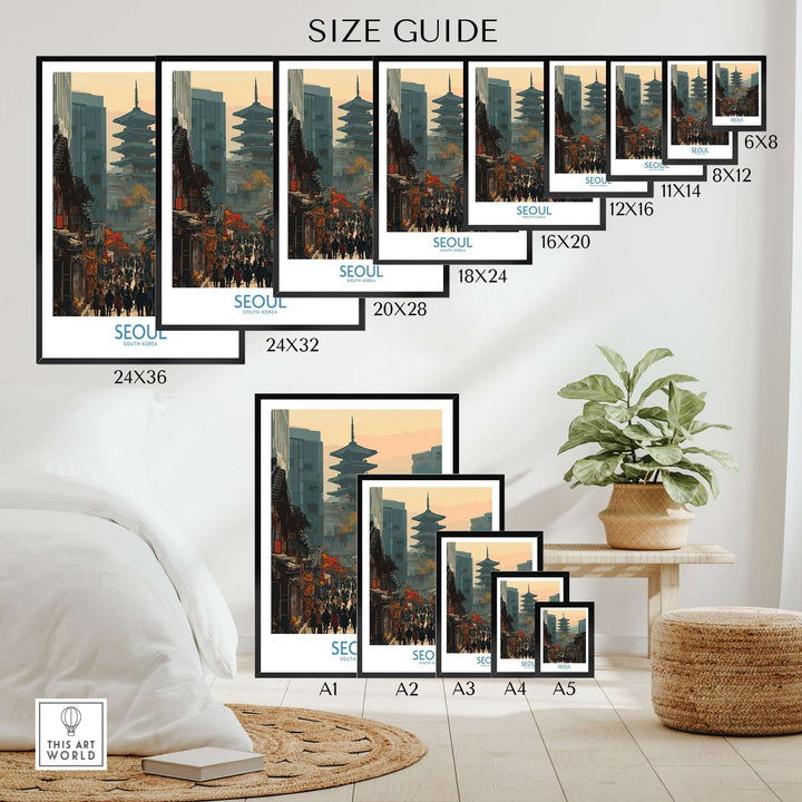 Size guide for Seoul South Korea Old Town skyline wall art showcasing various print dimensions.