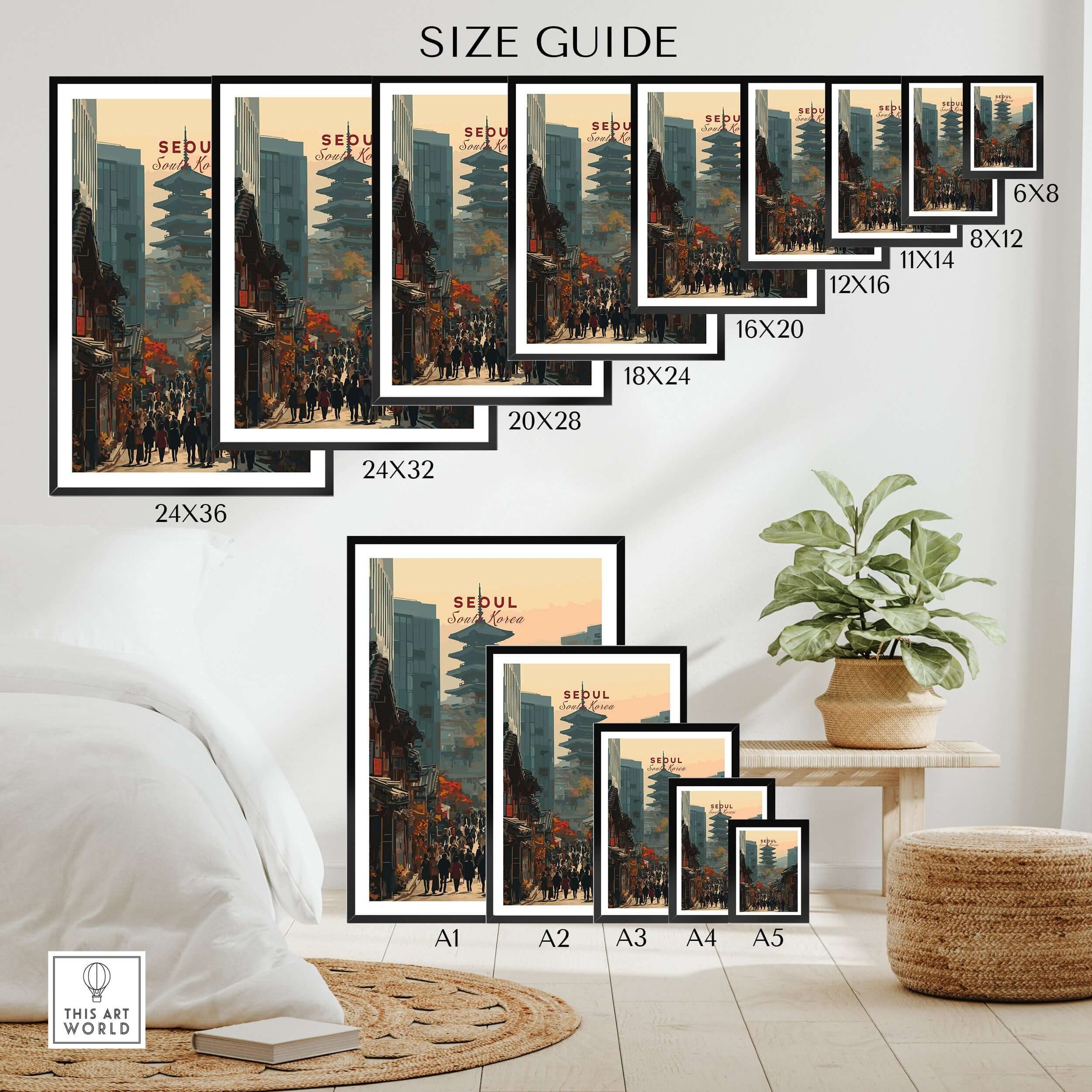 Seoul South Korea Poster - Historic City Landmark Print size guide showing various frame dimensions and artwork display options.