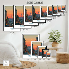 Seoul South Korea Wall Art - Korean Capital Travel Poster size guide showcasing various frame sizes.