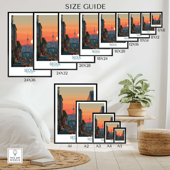 Size guide for Seoul South Korea Wall Art poster showcasing available dimensions and vibrant urban design.