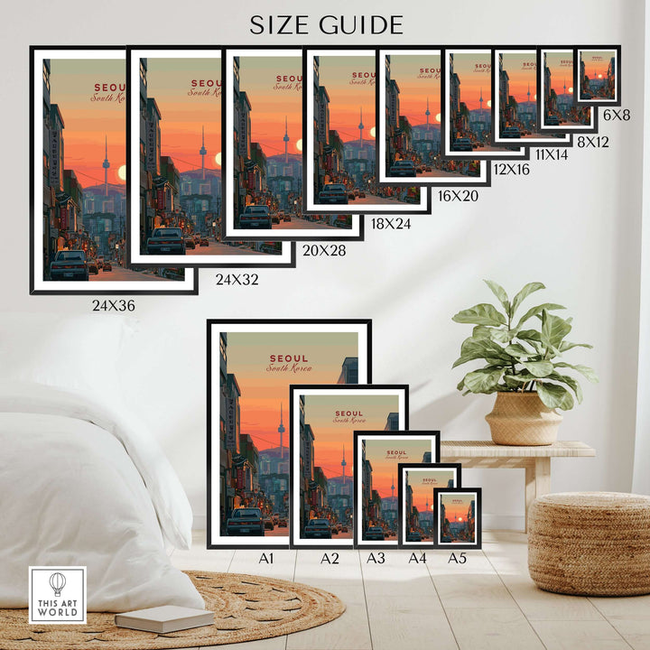 Size guide for Seoul South Korea City Sunset Print featuring N Seoul Tower skyline and various frame sizes.