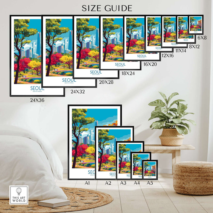 Size guide for Seoul South Korea city park skyline poster in various dimensions displayed in a cozy interior setting.