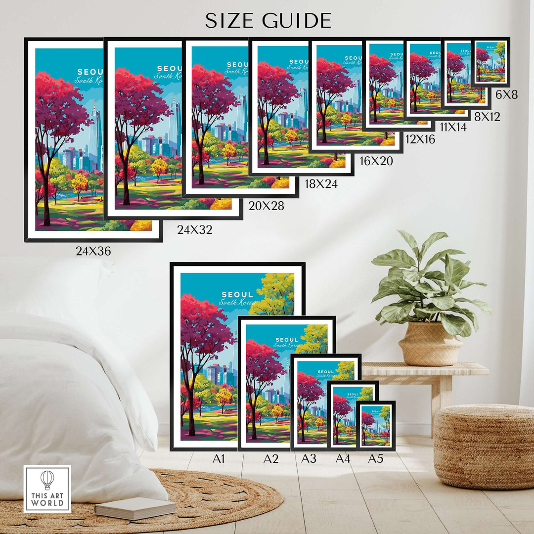 Size guide for Seoul South Korea Vibrant Cityscape Poster prints in various dimensions displayed in a stylish home setting.