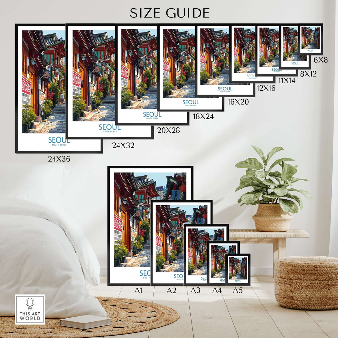Size guide for Seoul Bukchon Hanok Village poster with various frame sizes displayed in a stylish interior.