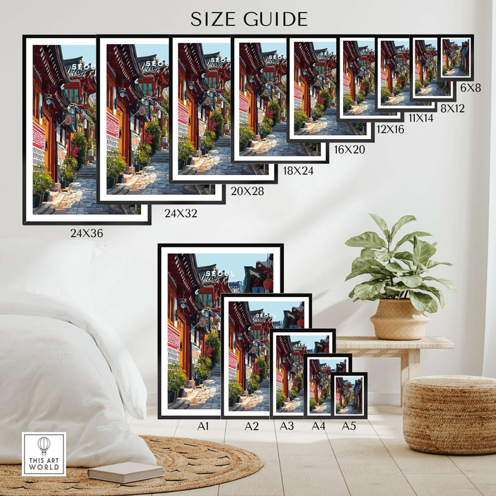 Size guide for Seoul South Korea print showcasing various frame dimensions and styles.