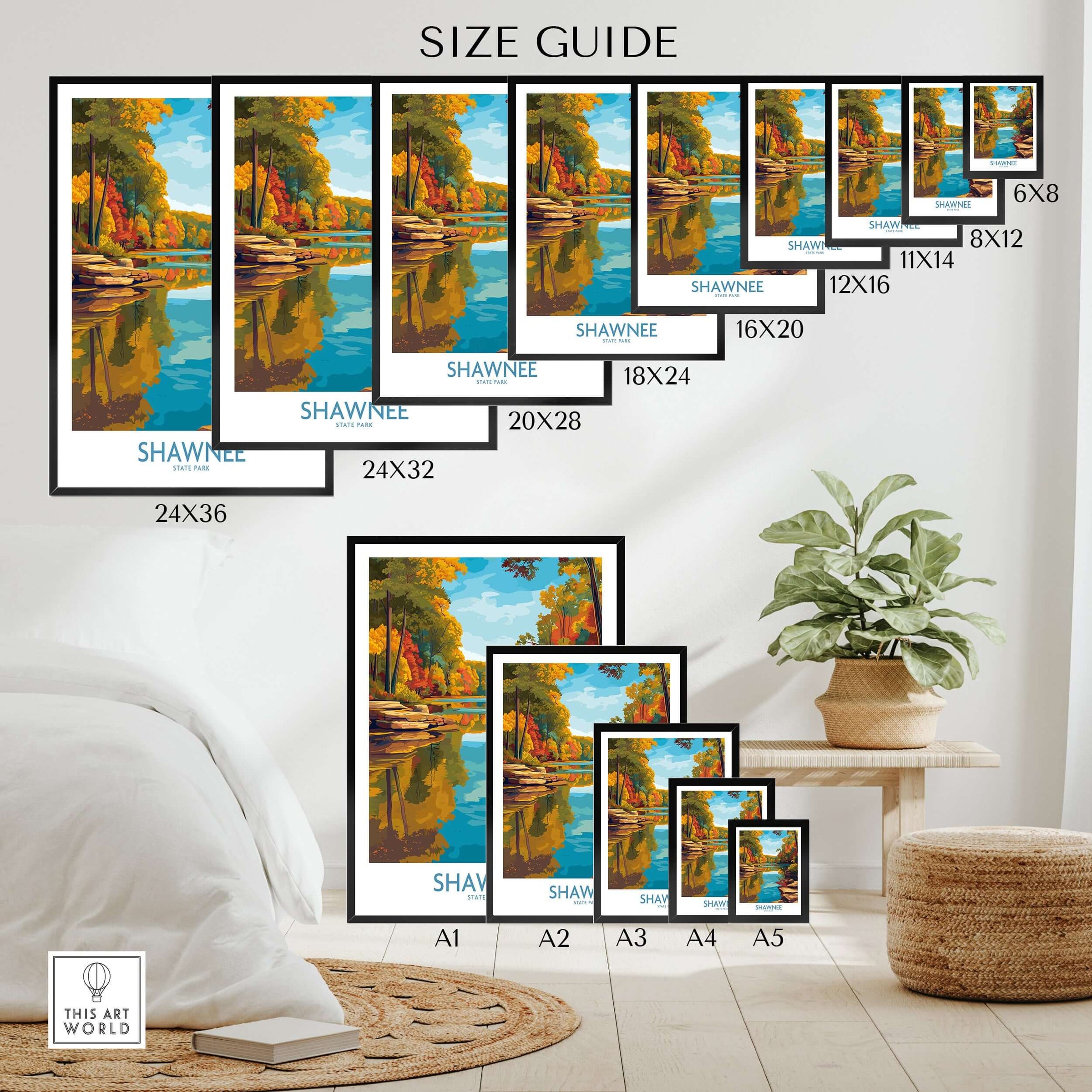 Shawnee State Park Colorful Trees Landscape Poster - Ohio Nature Travel Decor Size Guide with various frame sizes.