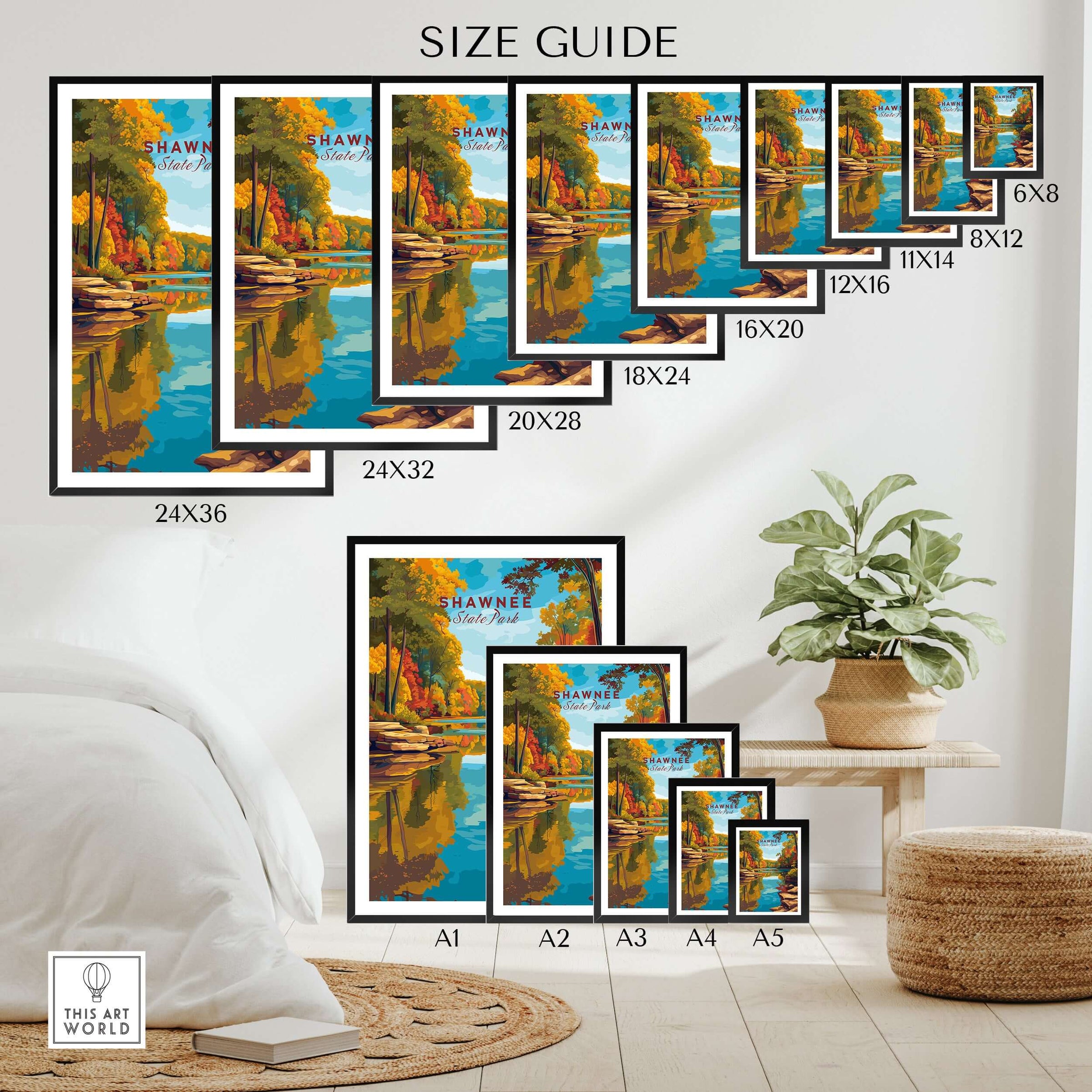 Shawnee State Park Ohio Fall Forest Lake Print - Autumn Reflections Wall Art size guide with various frame options.