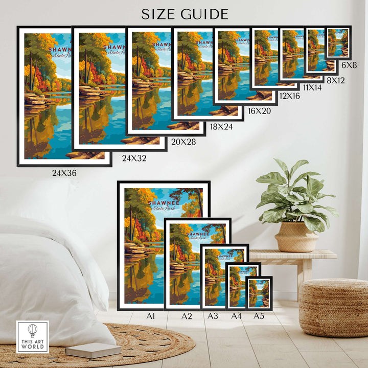 Size guide for Shawnee State Park print showcasing various frame sizes and autumn lake artwork.