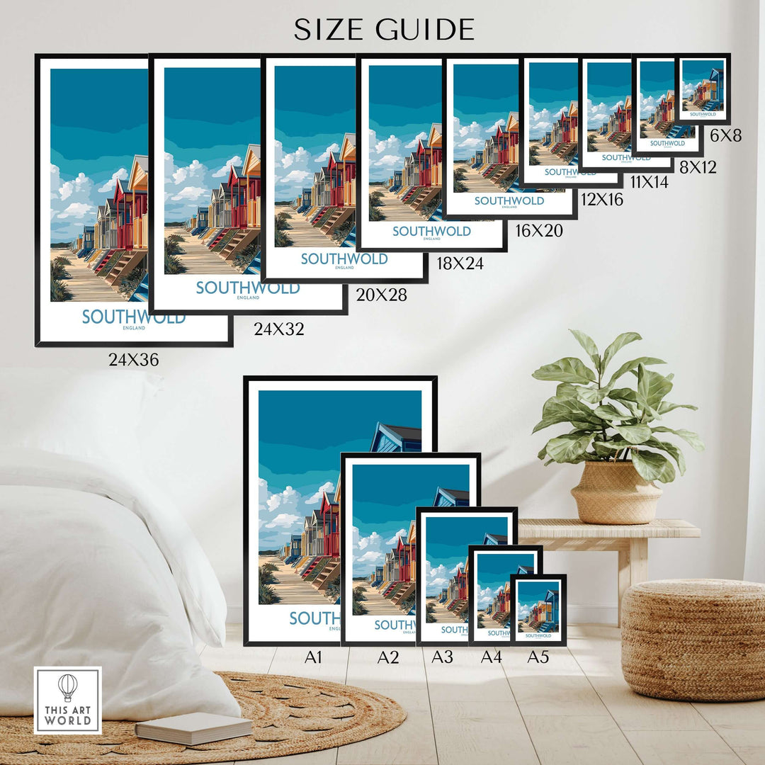 Size guide for Southwold England seaside poster featuring various frame dimensions in a stylish living space.