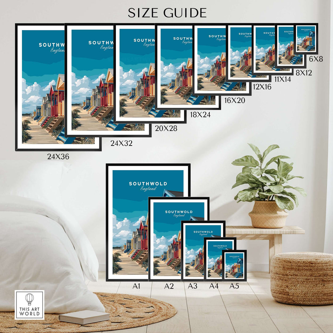Size guide for Southwold England colorful beach huts print featuring various frame sizes and coastal decor.