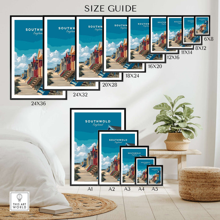 Size guide for Southwold England colorful beach huts print featuring various frame sizes and coastal decor.