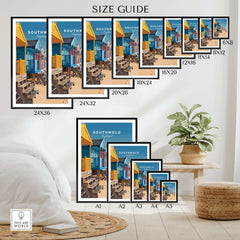 Size guide for Southwold Print England art in various dimensions on display in a cozy setting.
