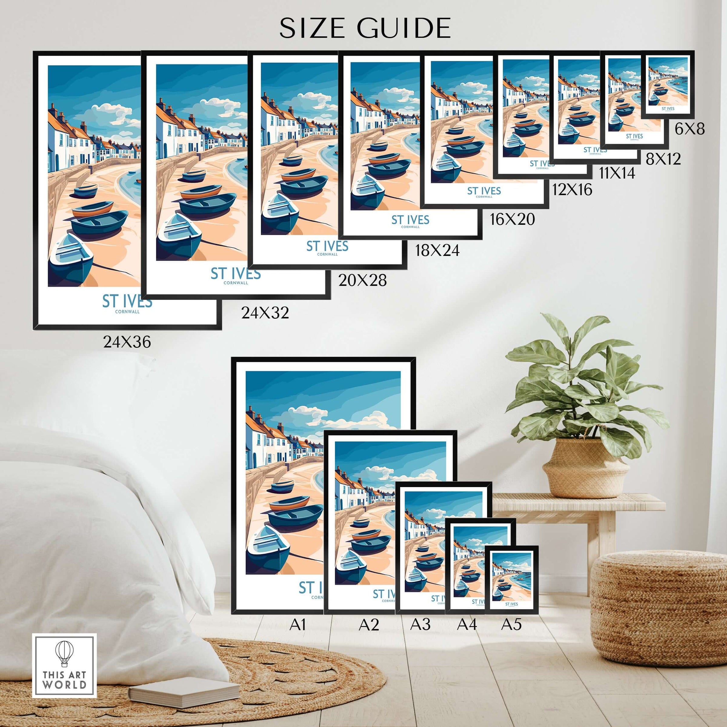 St Ives Cornish Harbor Wall Art - Cornwall Coastal Travel Destination Decor size guide showing various framed options.