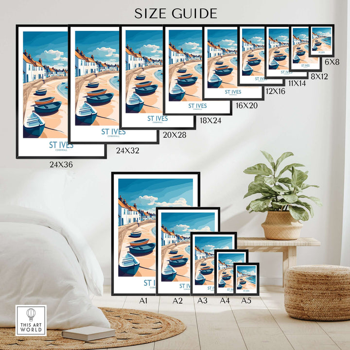 Size guide for St Ives Cornish Harbor wall art featuring various frame sizes and coastal boat designs.