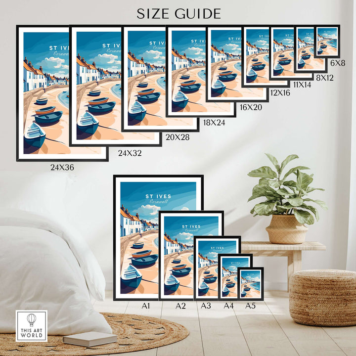 Size guide for St Ives Beach Boats seascape poster featuring various frame sizes and design layout.
