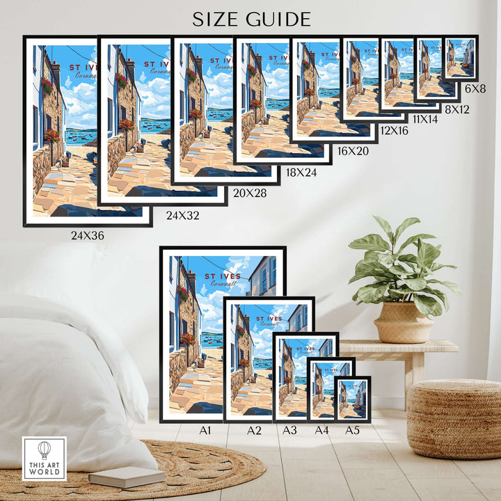 Size guide for St Ives Cornwall Alleyway Beach View Print in various dimensions on a decorative background.