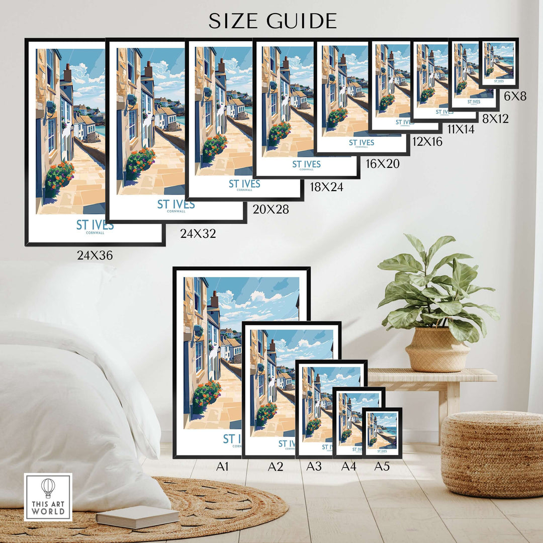 Size guide for St Ives Cornwall coastal alleyway wall art, showcasing different frame sizes on a stylish interior.