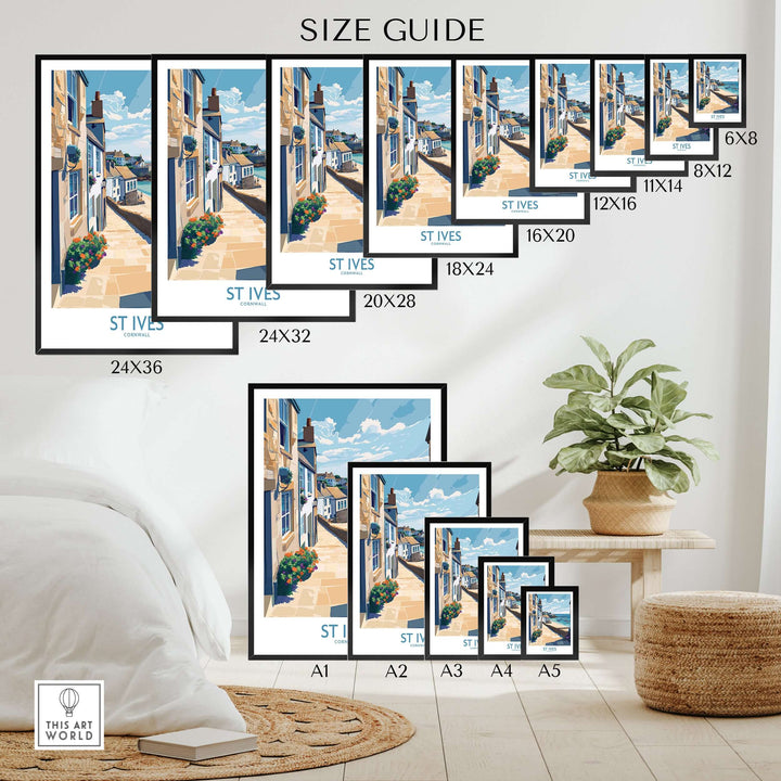 Size guide for St Ives Cornwall coastal alleyway wall art, showcasing different frame sizes on a stylish interior.