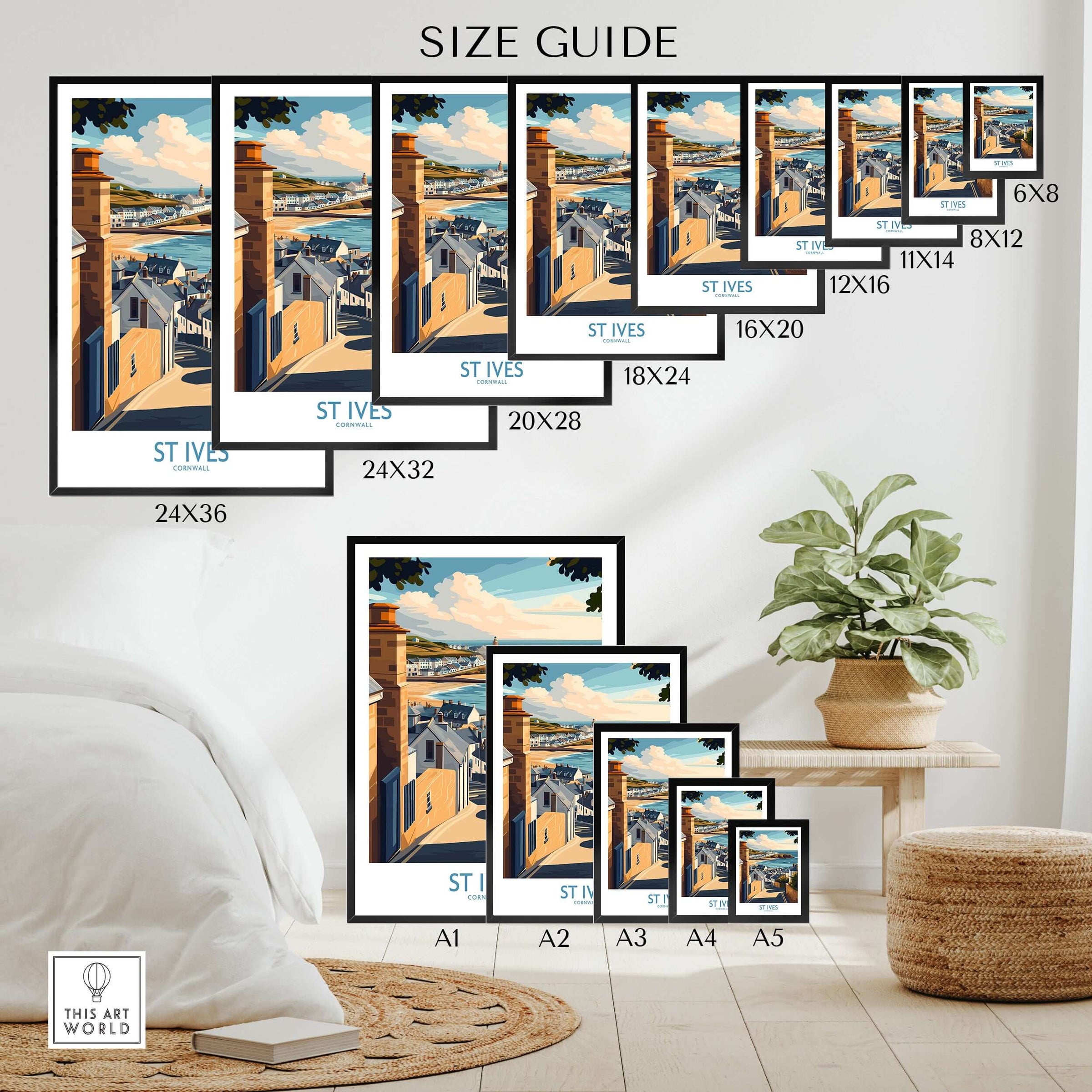 St Ives Cornwall Seaside Street Poster - Coastal Village Landscape Decor size guide with various frame sizes displayed.
