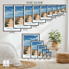 Suffolk Coast travel poster wall art size guide with various framed print sizes in a modern room.