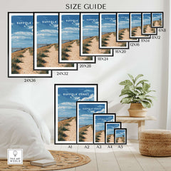 Suffolk Coast England Beach House Seaside Print - Coastal Pathway Wall Art size guide with different frame sizes displayed.