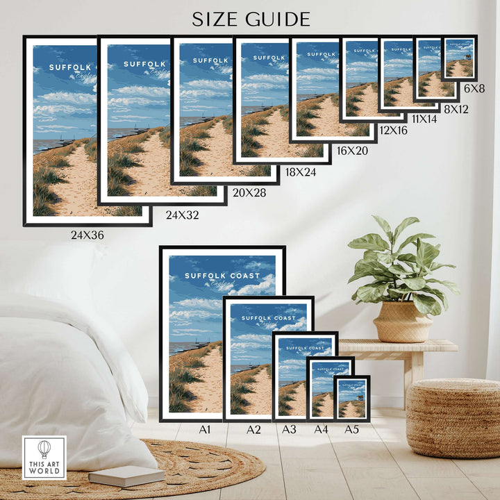 Size guide for Suffolk Coast beach house seaside print featuring various frame sizes in a stylish interior setting.