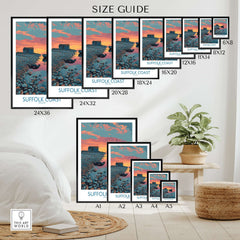 Suffolk Coast travel poster print size guide, various wall art sizes on a modern interior wall.