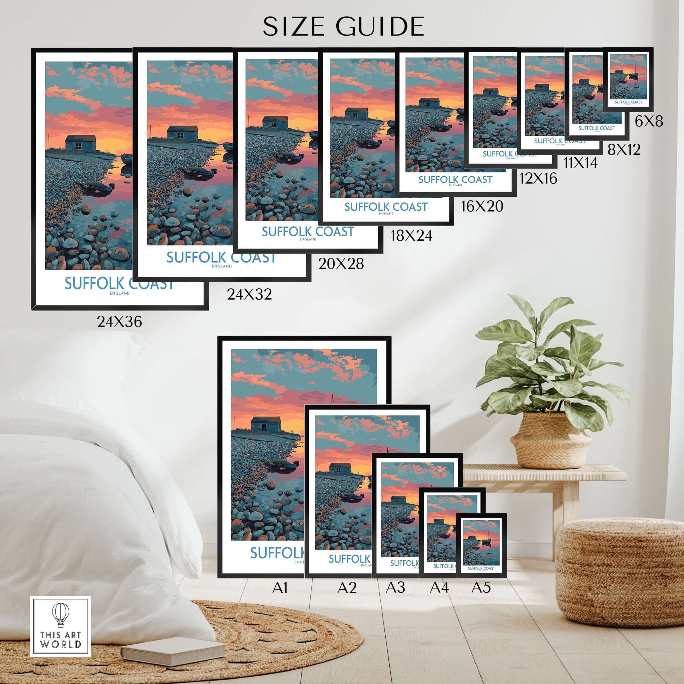 Suffolk Coast travel poster print size guide, various wall art sizes on a modern interior wall.