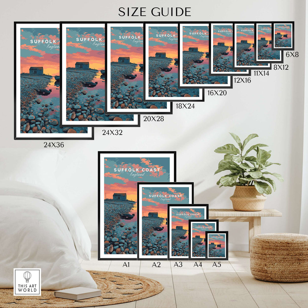 Suffolk Coast Print size guide showcasing various frame sizes for sunset boat pebble beach artwork.