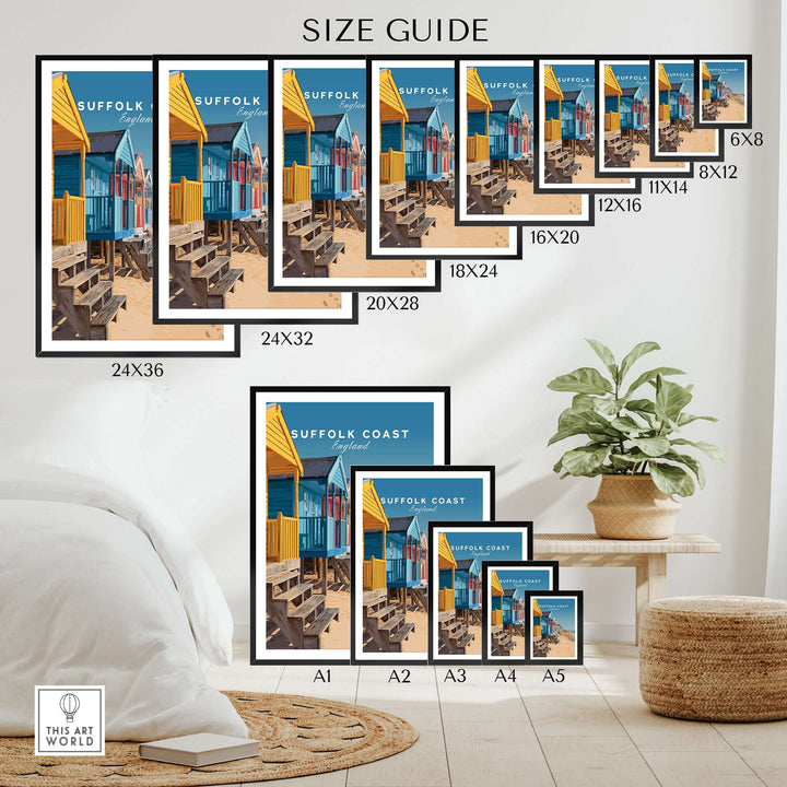 Size guide for Suffolk Coast Southwold Beach Huts posters in various dimensions displayed in a cozy interior setting.