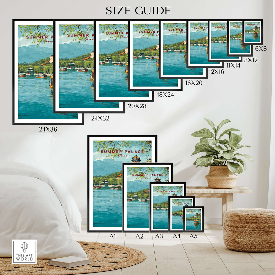 Summer Palace China Art Print size guide showcasing various frame sizes and home decor placement options.